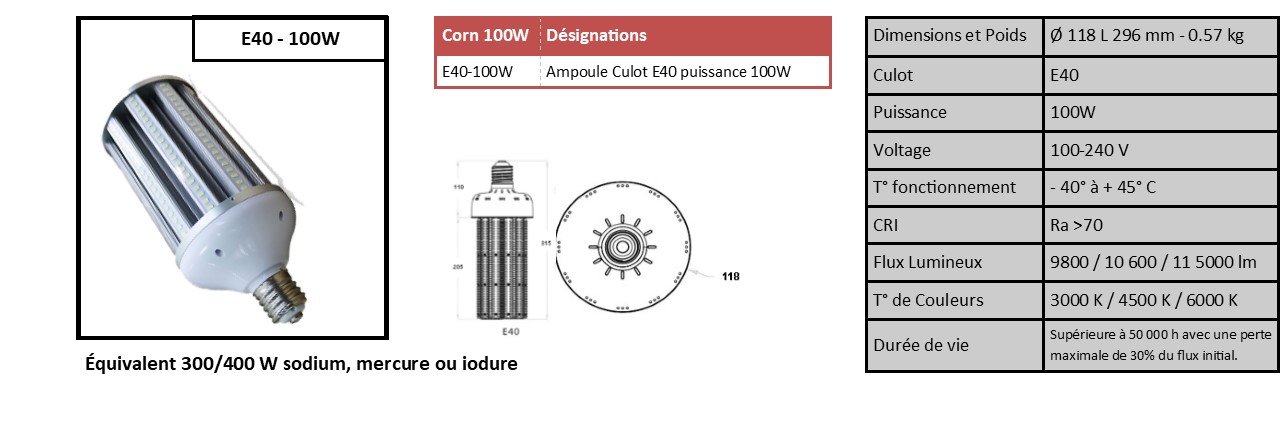 Ampoule Corn E40 ou E27 idéale éclairage public